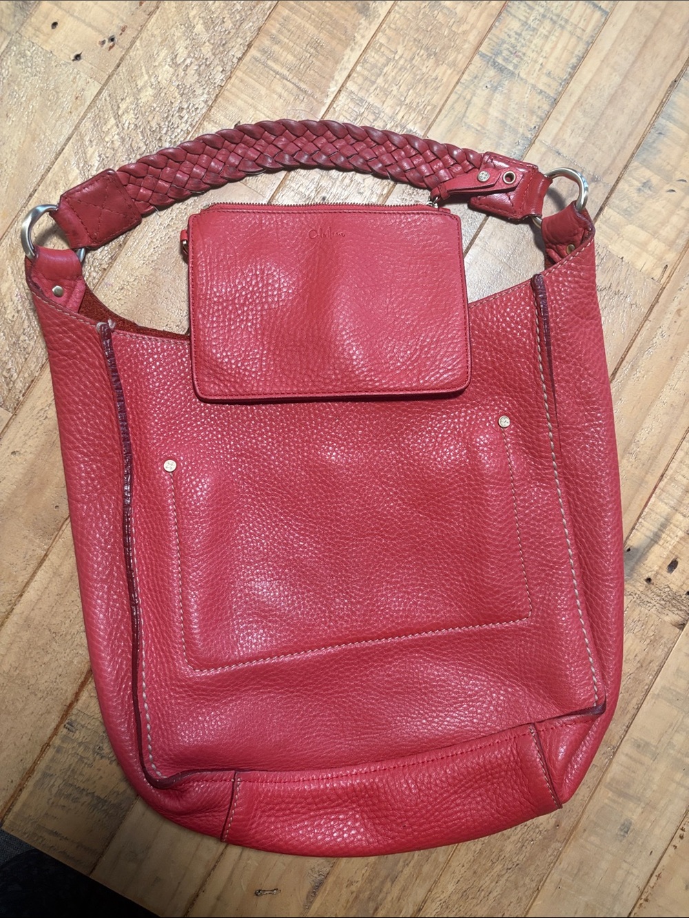 Cole Haan Red Leather Shoulder Bag with Braided Handle